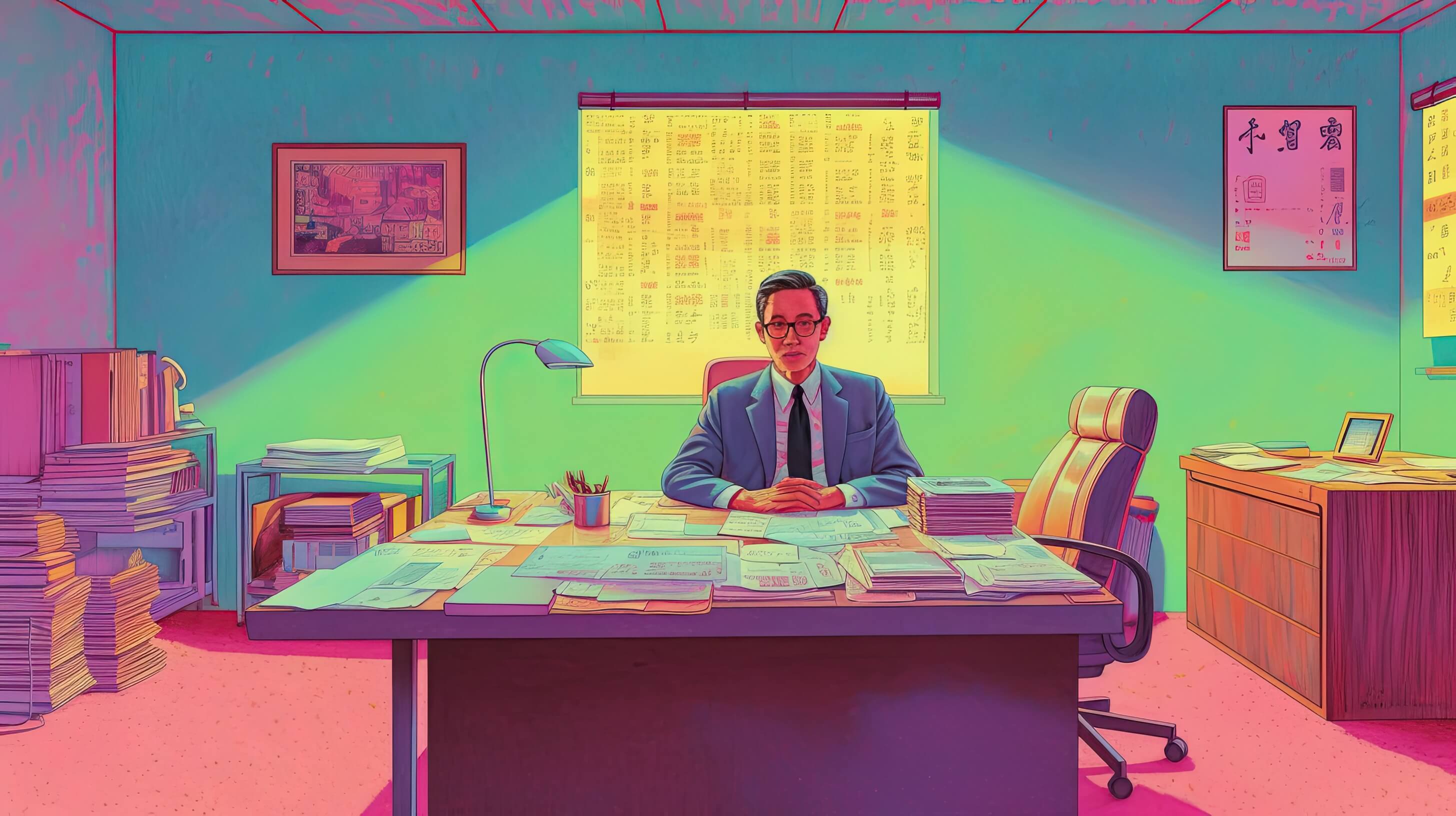 Illustration of salary man sitting at desk - artwork by Nick.