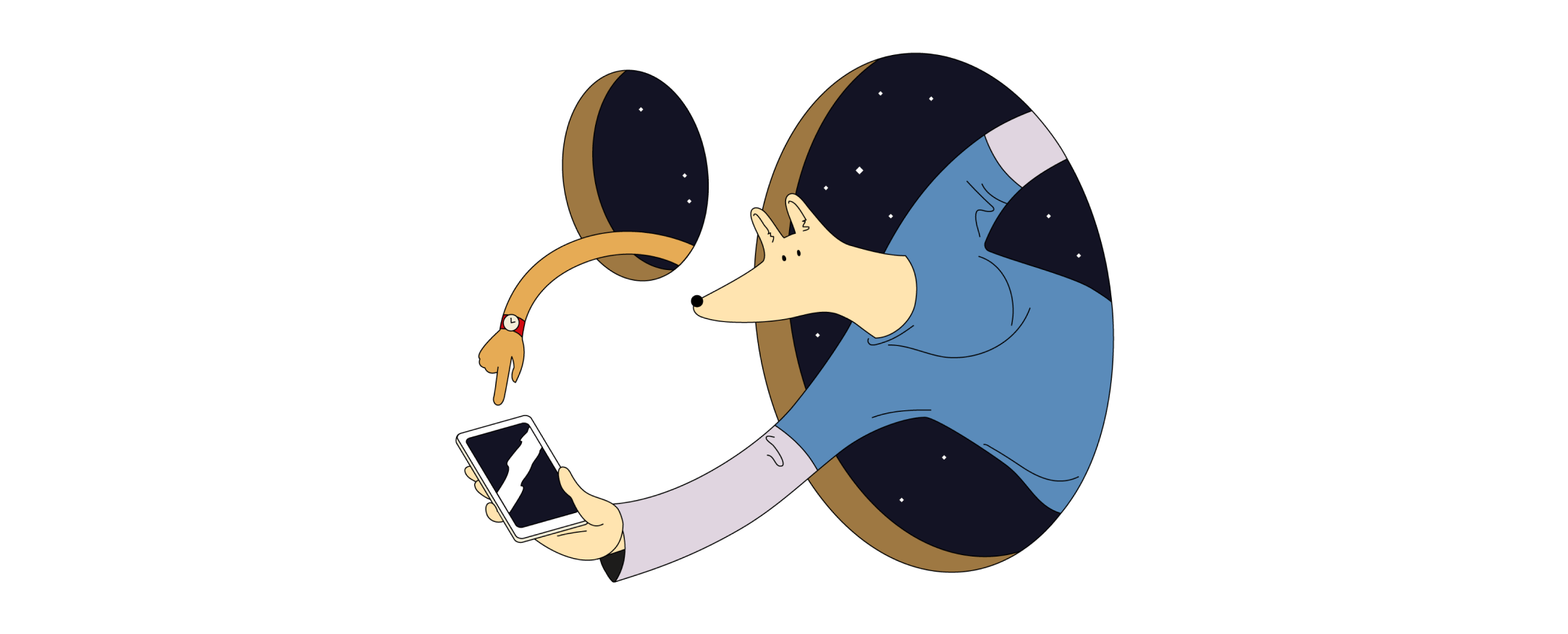 Cartoon fox in space with phone