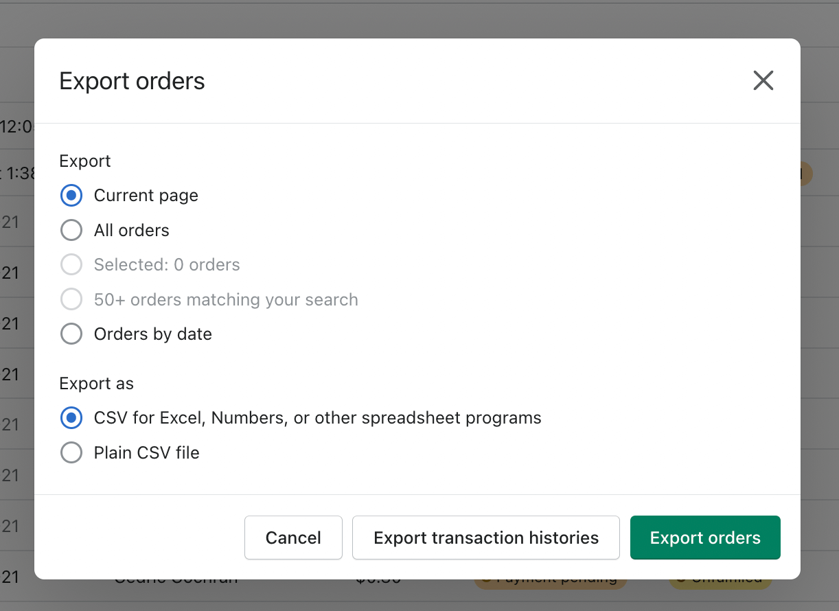 Shopify export orders modal