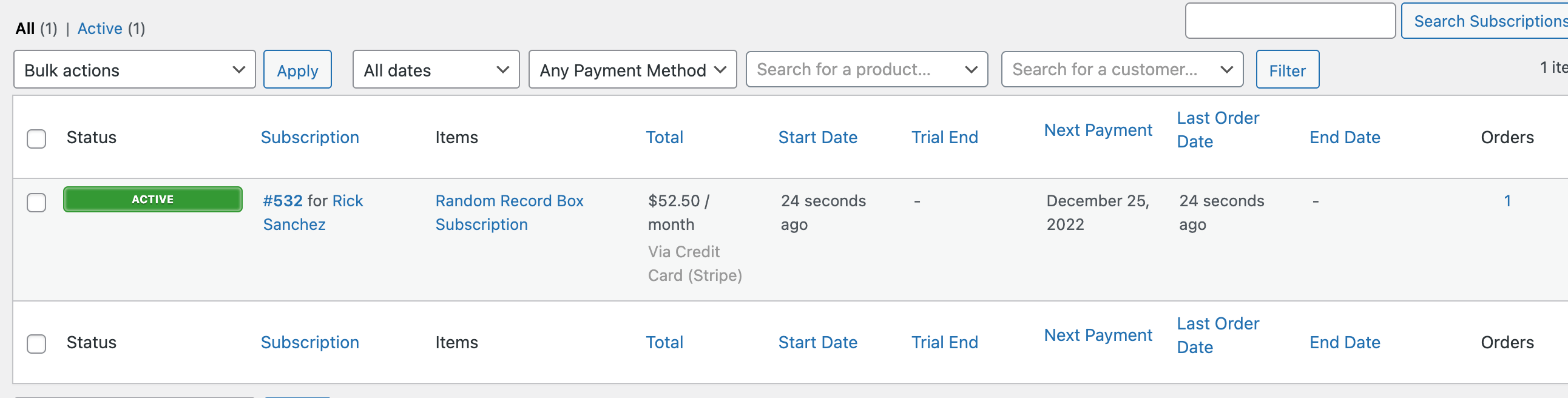 WooCommerce subscriptions page