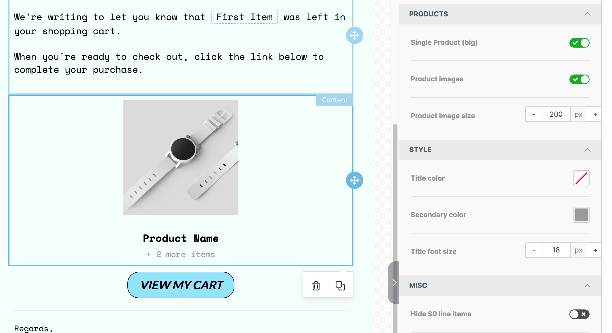 The cart tool for an abandoned cart email design.