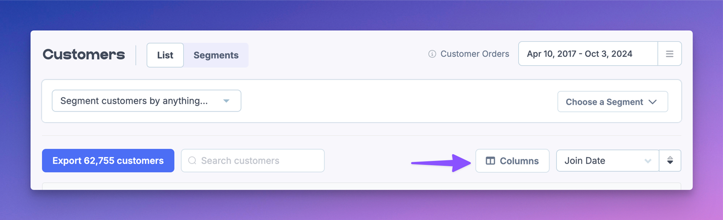 Screenshot showing the Customers table in Metorik with an arrow pointing to the Columns button used to create a custom Column Set