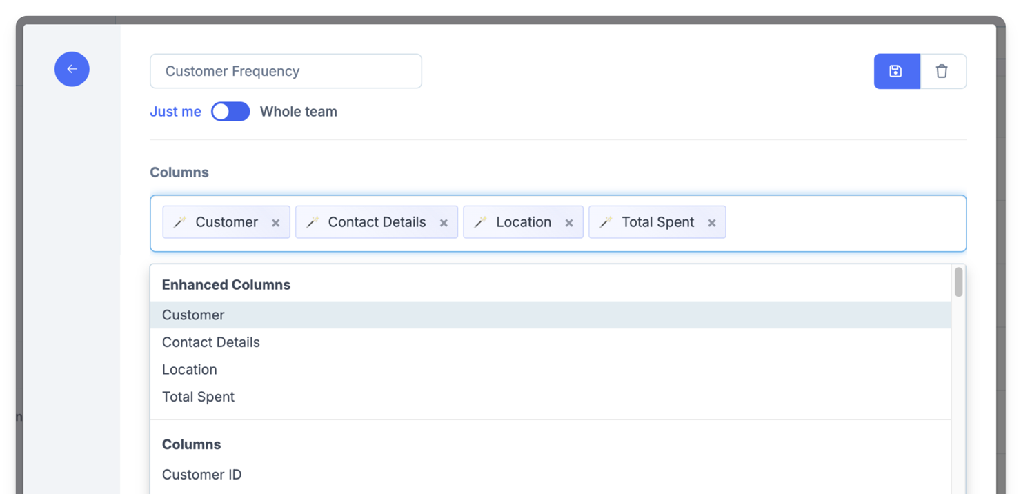 Screenshot showing the Enhanced columns in Metorik's custom Column Sets feature