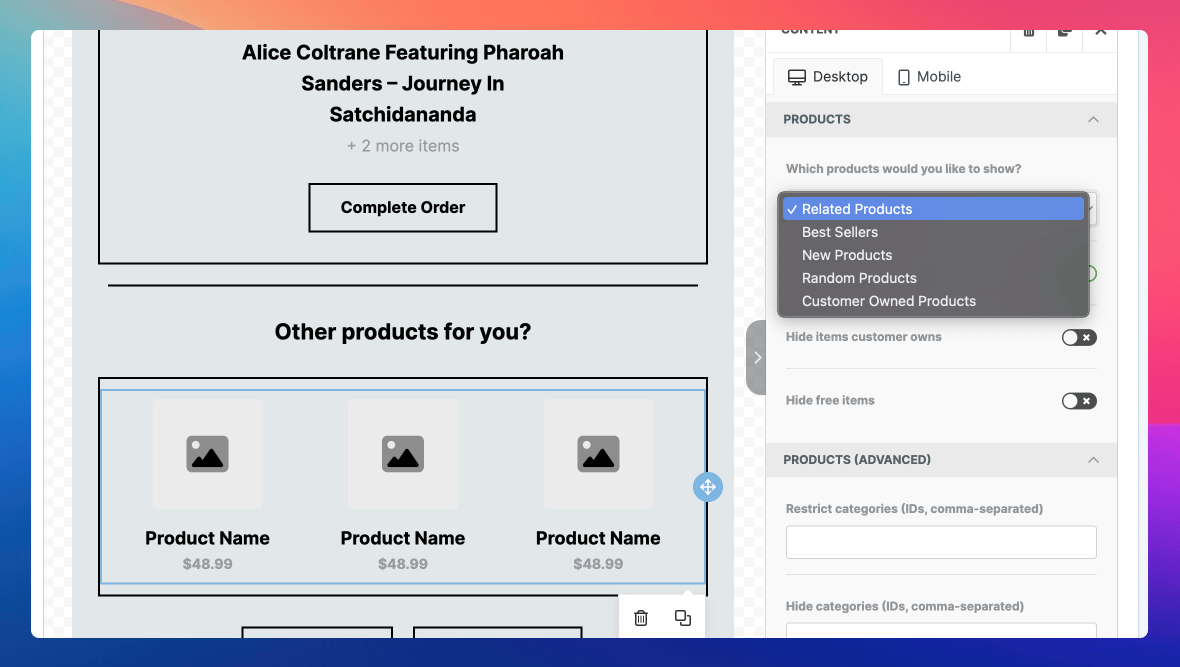 Engage email builder's products tool with related products being shown