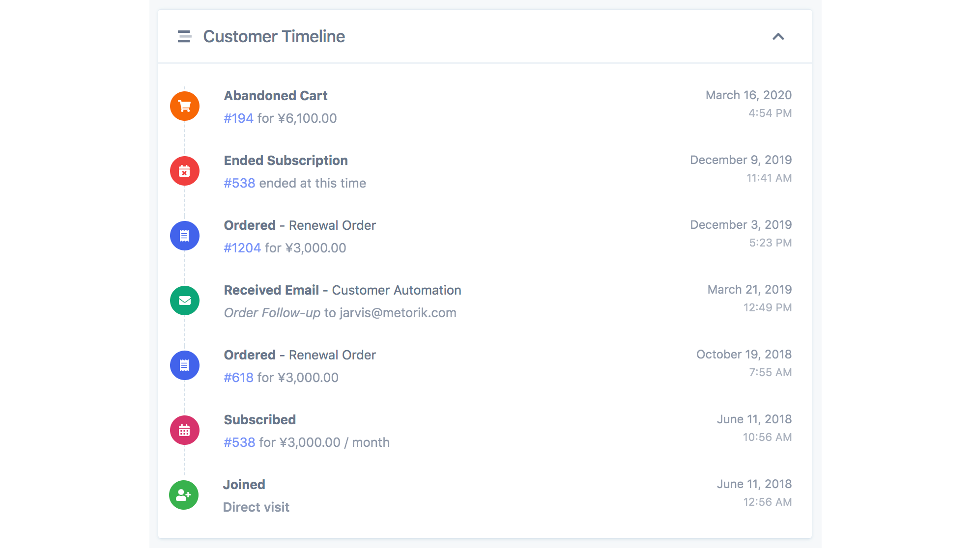 Customer timeline screenshot from app