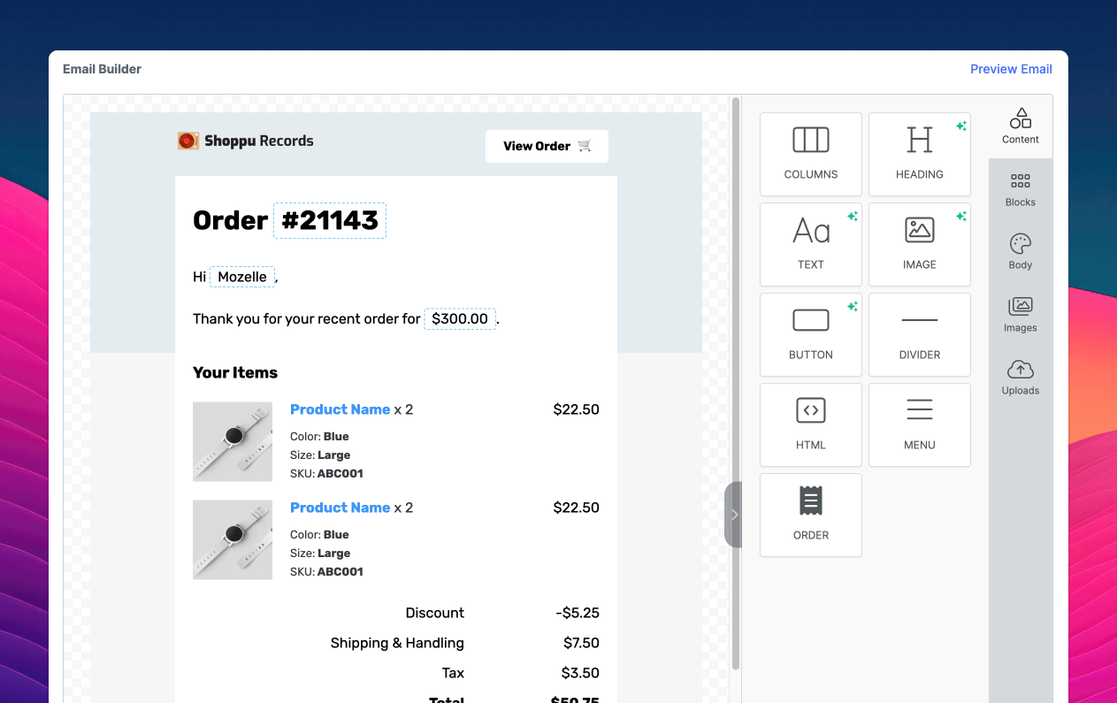 The Engage email builder - designing an order receipt email.