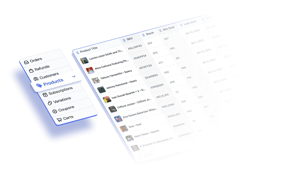 An isometric illustration of exporting products from Metorik and showing the ability to export orders, refunds, customers, subscriptions, coupons, and more.
