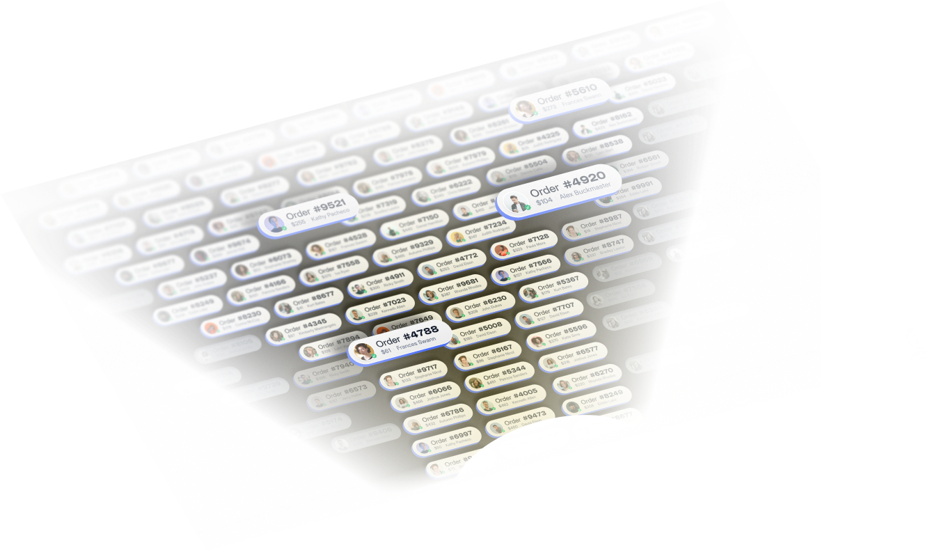 An isometric abstract illustration of customer orders being segmented in Metorik. A yellow flashlight beam shines low across the order cards revealing the shape of a funnel.