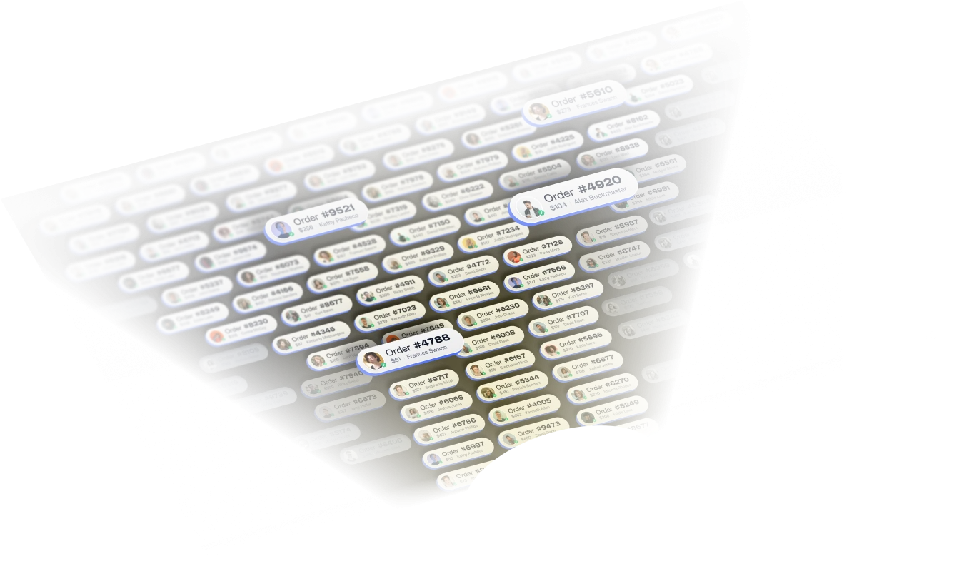 An isometric abstract illustration of customer orders being segmented in Metorik. A yellow flashlight beam shines low across the order cards revealing the shape of a funnel.