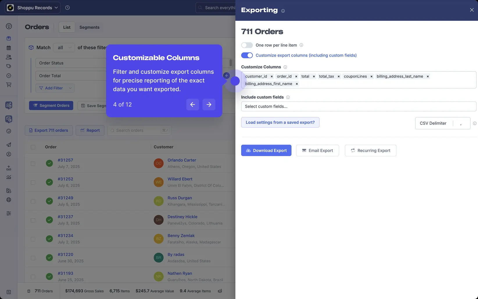 A screenshot from the product demonstration video showing Metorik's simple but powerful data exporting system.